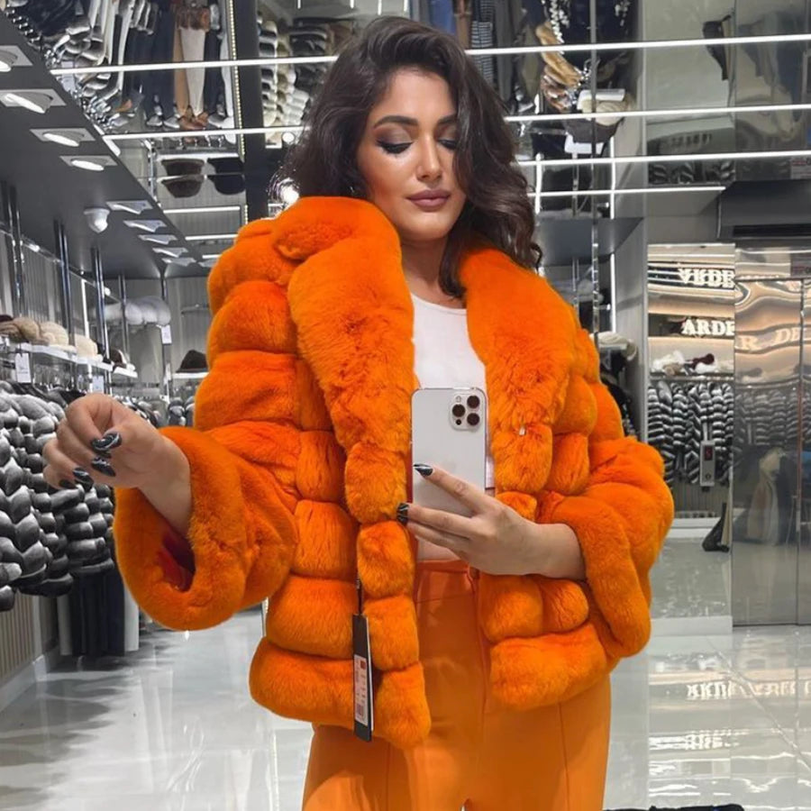 NEW Arrivals XS-4XL 6 Colors Winter Real Rabbit Fur Coat Women Real Fur Coat Female Luxury Natural Rabbit Fur Coat Best Selling High Quality Chinchilla Colors Girls Winter Fashion Clothing Supplies