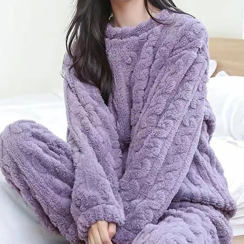 NEW Gray-Purple Winter Autumn Women Solid Warm 2 Piece Sets Thicken Velvet Ribbed Fleece Set Pullover And Pants Women Casual Pajama Sets Girls Female Nightgowns Sleepwear Set Fashion Clothing Supplies