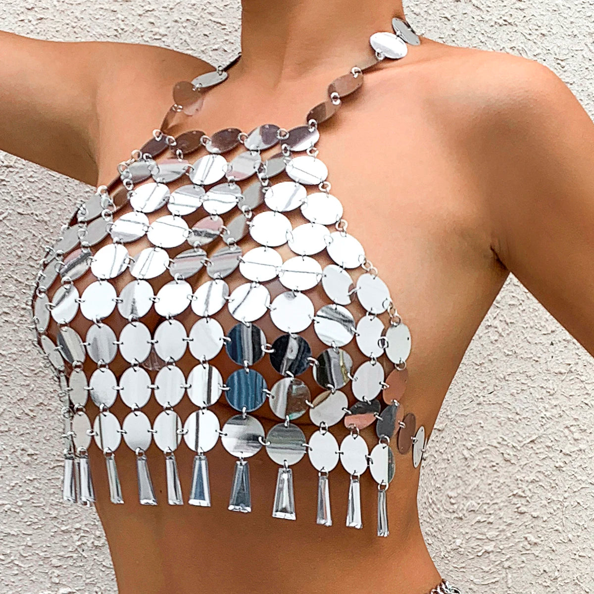 NEW Arrivals Black/Silver/Gold 2PCS Set Sexy Acrylic  Sequin Chest Bra Chain Dress Nightclub Party Show Festival Outfit Dance Costume Stage Wear Body Jewelry