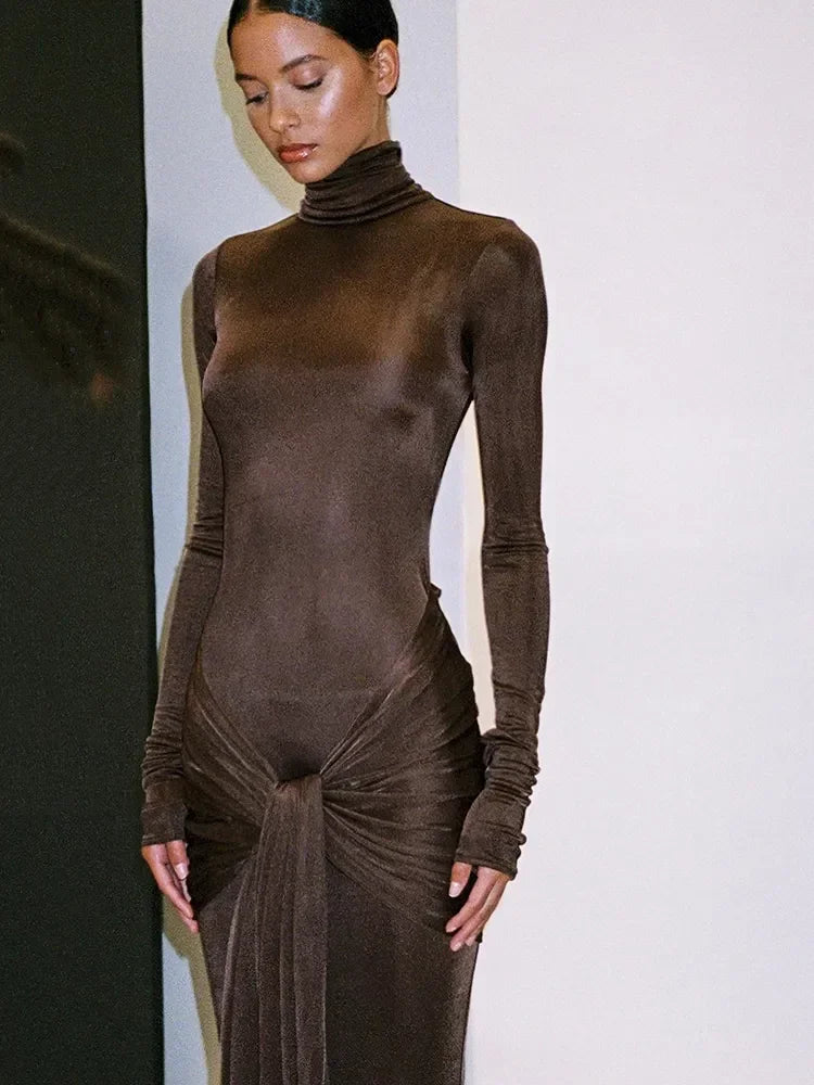 NEW Arrivals Black/Red/Coffee Color High Neck Long Sleeve Bodycon Dress Women's Tight Elastic Lace Up Maxi Long Dress Spring Autumn New Evening Party Night Club Wear