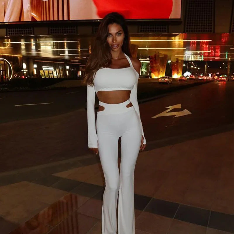 2 PCS Set Black/White Color Women's Tube Top One-Word Shoulder Cross Neck Short Top High Waist Flared Pants Slim Spice Girl Suit NEW Fashion Street Trend