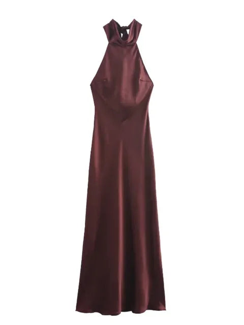 NEW Arrivals Black/Brown Elegant Brown Satin Halter Lace Up Long Dress Sexy Off Shoulder Backless Sleeveless Bodycon Dresses Autumn New Lady Party Luxury Fashion Clothing Supplies
