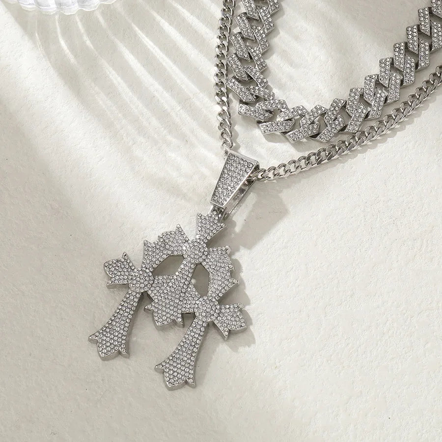 Three Crosses Classic Retro Mosaic Pendant Cuban Chain Trendy Hip Hop Pendant Necklace Women and Men Jewelry Accessories