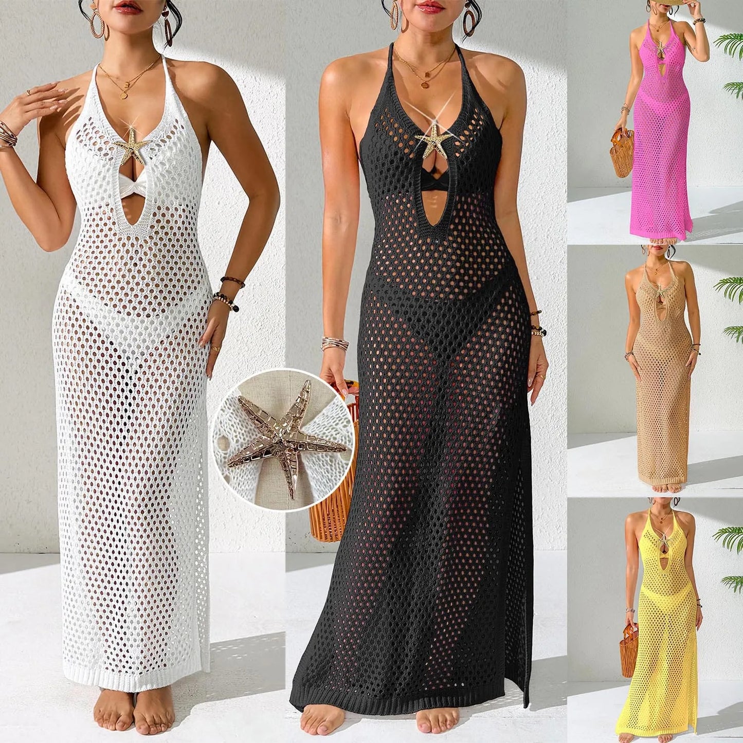 5 Colors S-XL Size V-Neck Knitted Wrap See Through Dress with Side Slits And Metal Buckle Hollow out Backless Mini Skirt for Women Beachwear Swimwear