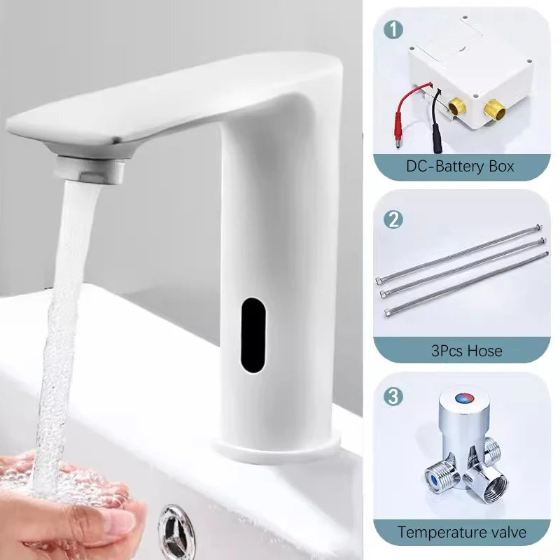 NEW 3 Colors Automatic Sensor Touchless Bathroom Faucet, Modern Basin Faucet for Sink 1 Hole, Waterfall Single Hole Bathroom Sink Faucet Home Bathroom Kitchen Washing Accessories