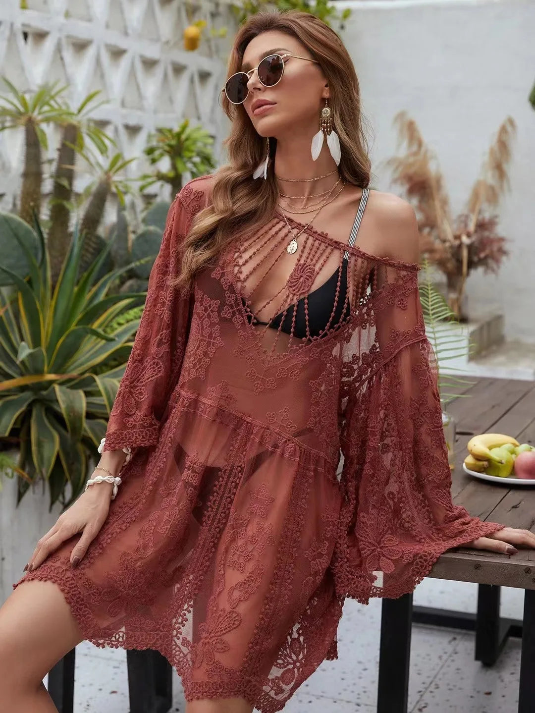 New See Through Beach Cover Up Lace Bikini Dress for Women Summer V-Neck Swimwear Kimono Solid Sun Protection Loose Biquini