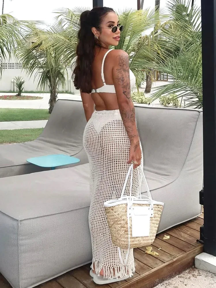 NEW Arrivals Sexy Summer Knit Cut Out Beach Half Skirt Women Chic Drawstring Fringed Casual Wrap Skirts Pool Party Swimwear Cover Up K50 Girls Ladies Sexy Beach Wear
