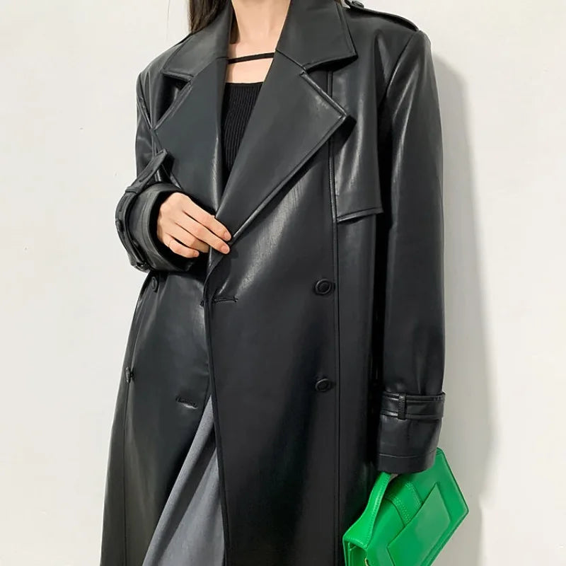 NEW Arrivals Ruffled and Handsome Leather Jacket for Women's Spring and Autumn Casual Retro Shoulder Windbreaker Coat Evening Party Office Lady Long Coats Female Luxury Fashion Clothing Supplies