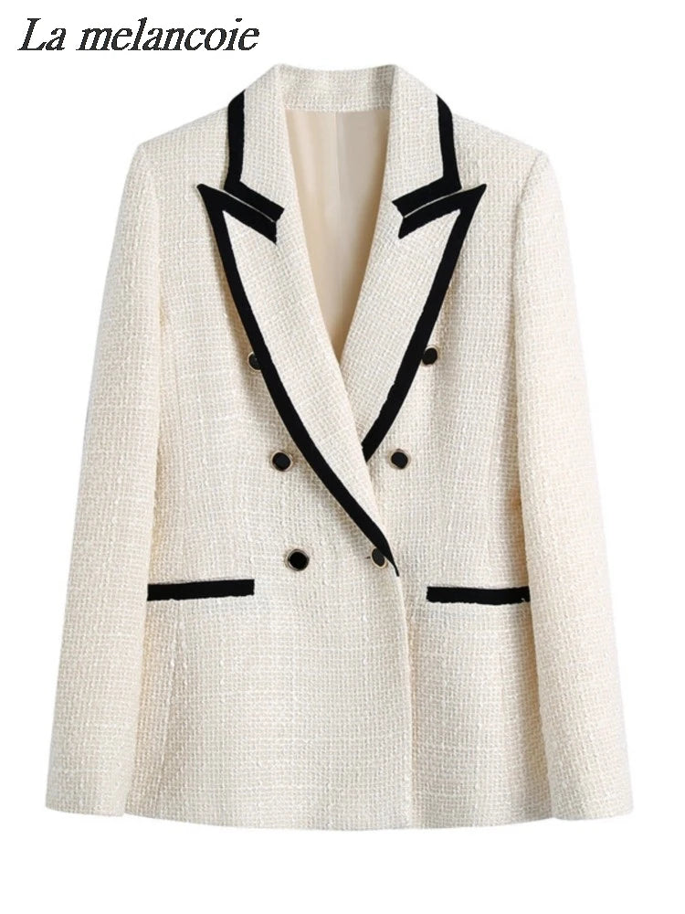 NEW Arrivals Pink/Ivory Vintage Tweed Double Breasted Blazer Coats Women New Autumn Winter Elegant Chic Pockets Jacket Office Ladies Casual Suits Ladies Luxury Fashion Clothing Supplies