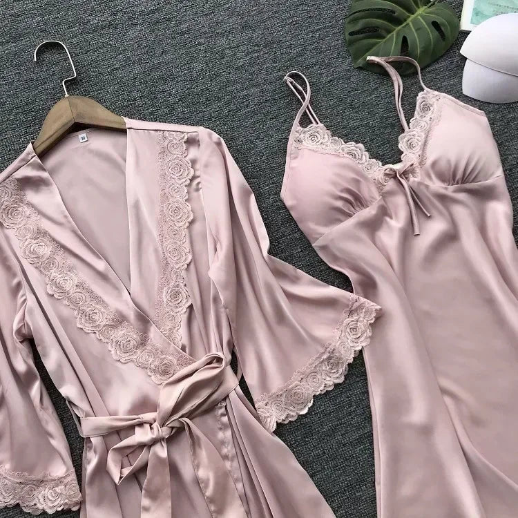 NEW 2PCS Set Female Lace Pajamas Set Satin Home Lace Robe Sleep Suit V-Neck Wedding Nightwear Silk Dress Women Sleepwear