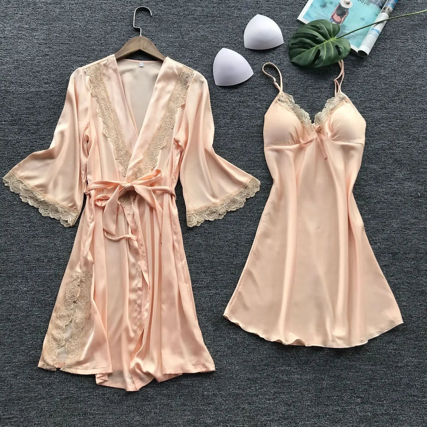 NEW 2PCS Set Female Lace Pajamas Set Satin Home Lace Robe Sleep Suit V-Neck Wedding Nightwear Silk Dress Women Sleepwear