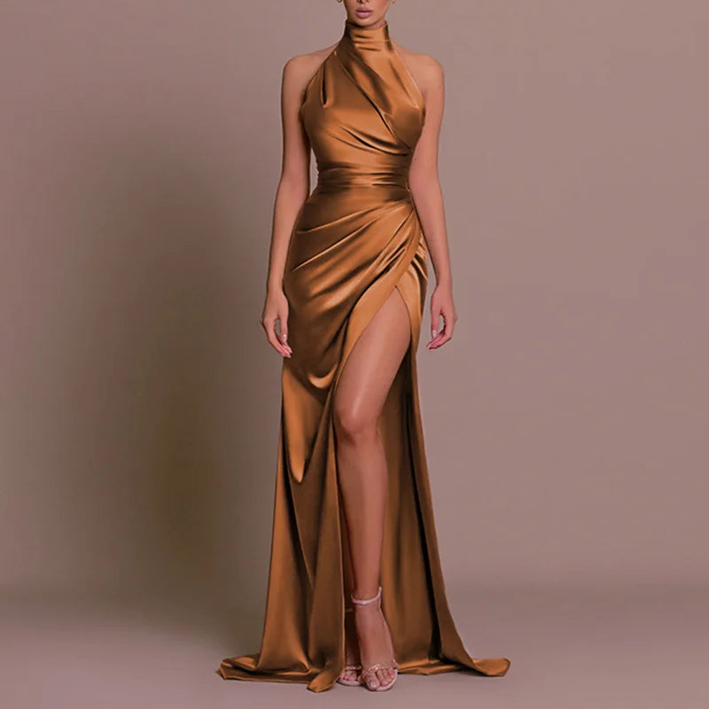 8 Colors Ladies Summer Luxury Satin Sexy Evening Wedding Guest Birthday Party Business Dinner Dresses Women Sleeveless Backless Halter Side Slit Elegant Long Dress Women Sexy Outfits Clothes