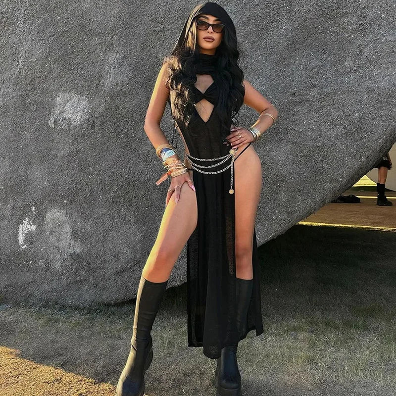 NEW Arrivals UK Size Sexy Punk Gothic Dress Women Vintage Streetwear Cyber Y2K Mesh Hollow Out Sleeveless Hooded Cut Out Butt Dress EMO Alt Grunge Clothes