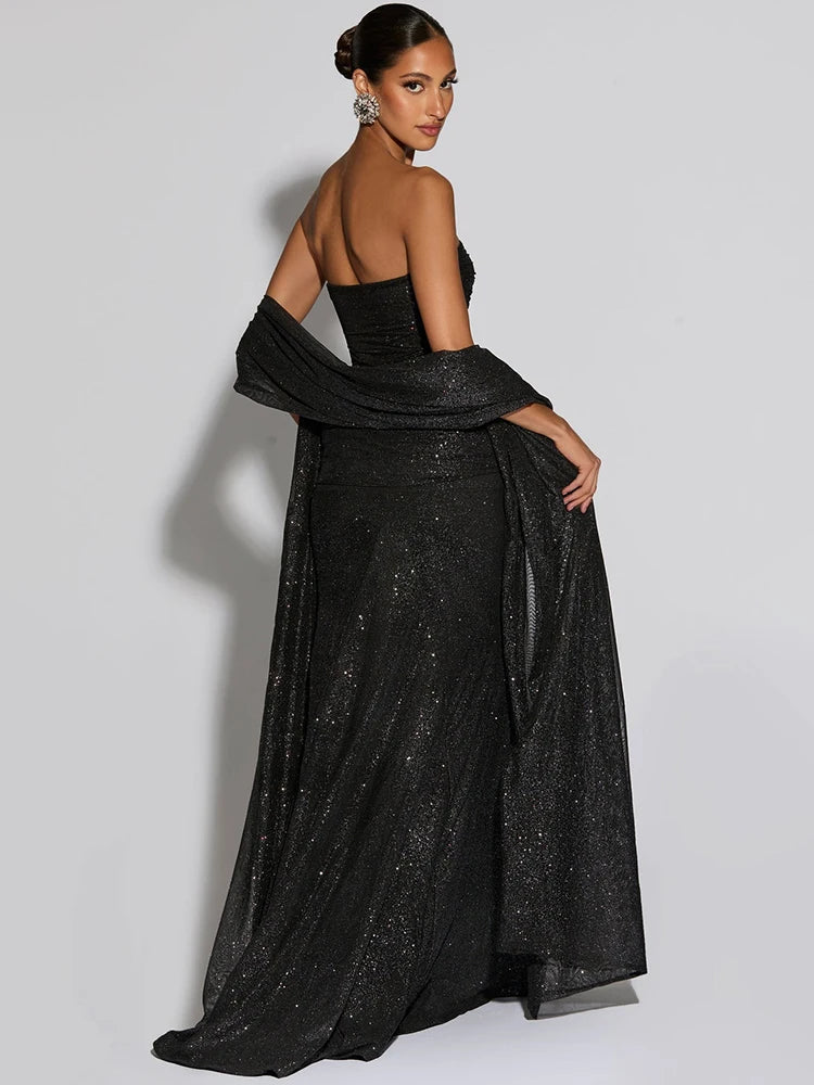 Brown/Black Color Sparkle Strapless Draped Sexy Maxi Dress Women Elegant Off-shoulder Sleeveless Backless Ruched Club Party Long Dress