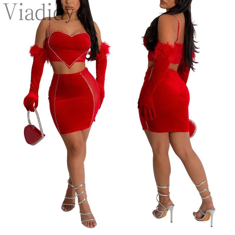 NEW Arrivals UK Big Size Black/Red  2PCS Set Luxury Velvet Women Sexy Solid Color Sheer Mesh Patchwork Velvet Top and High Waist Skirt Girls Ladies Sexy Fashion Clothing Products