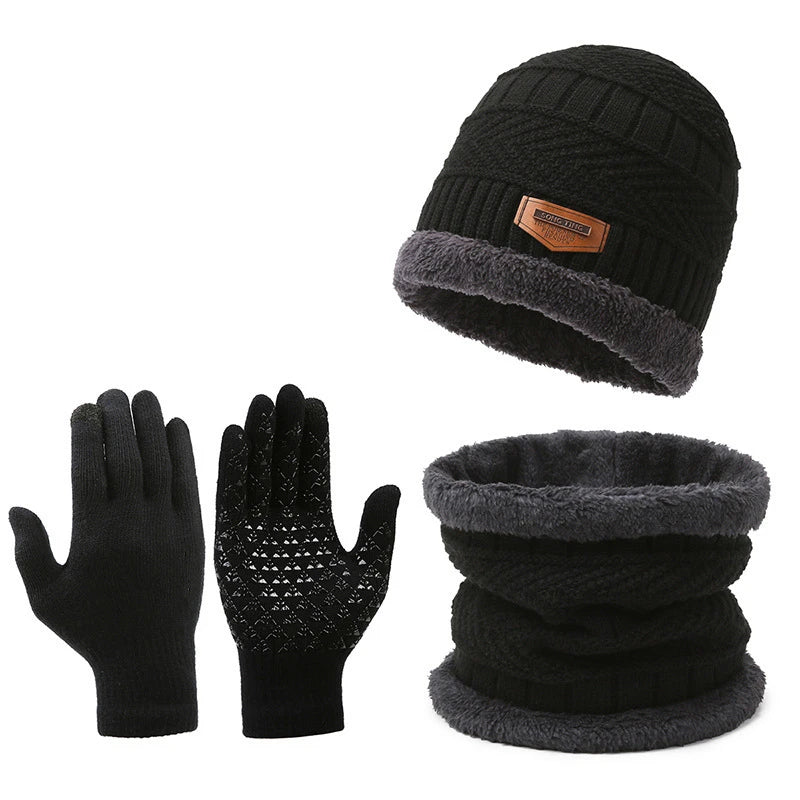 3 PCS Set Winter Fleece Thicken Windproof Hat Gloves Scarf Set Plush Warm Wool Knit Beanies for Men And Women