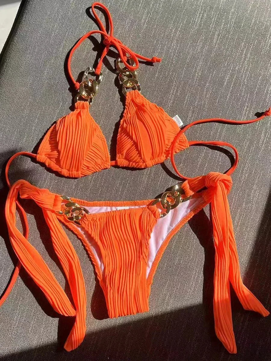 NEW 8 Colors Sexy Halter Metal Rings Bikinis Wrinkled Bikini Female Swimsuit Women Swimwear 2PCS Bikini Set High Cut Bathing Suit Swim Ladies Sexy Swimwear Bikini Set