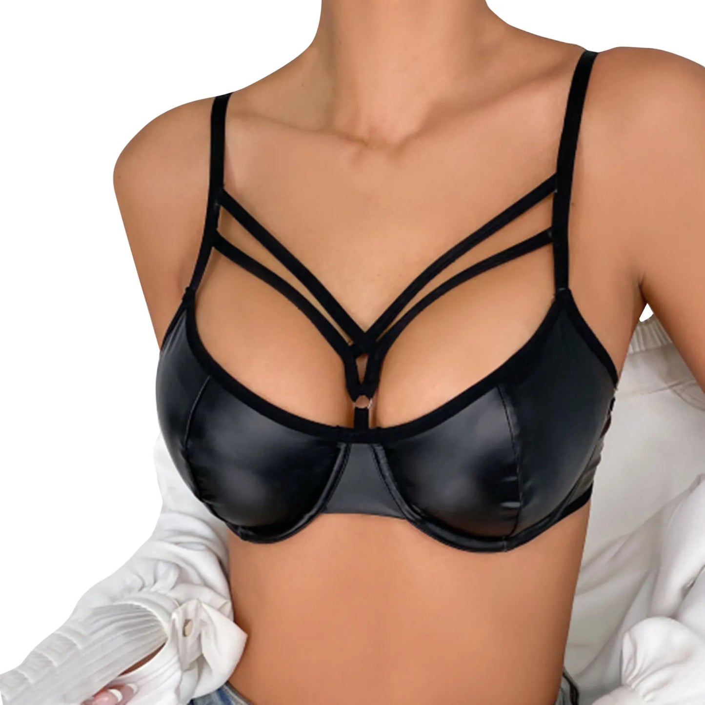 NEW Sexy Black Women Bra PU Leather Underwear Hollow Lingerie Solid Panties Bras For Women Underwired Underwear Brassiere Clubwear Ladies Luxury Underwear Supplies Lingerie Fashion Clothing Products