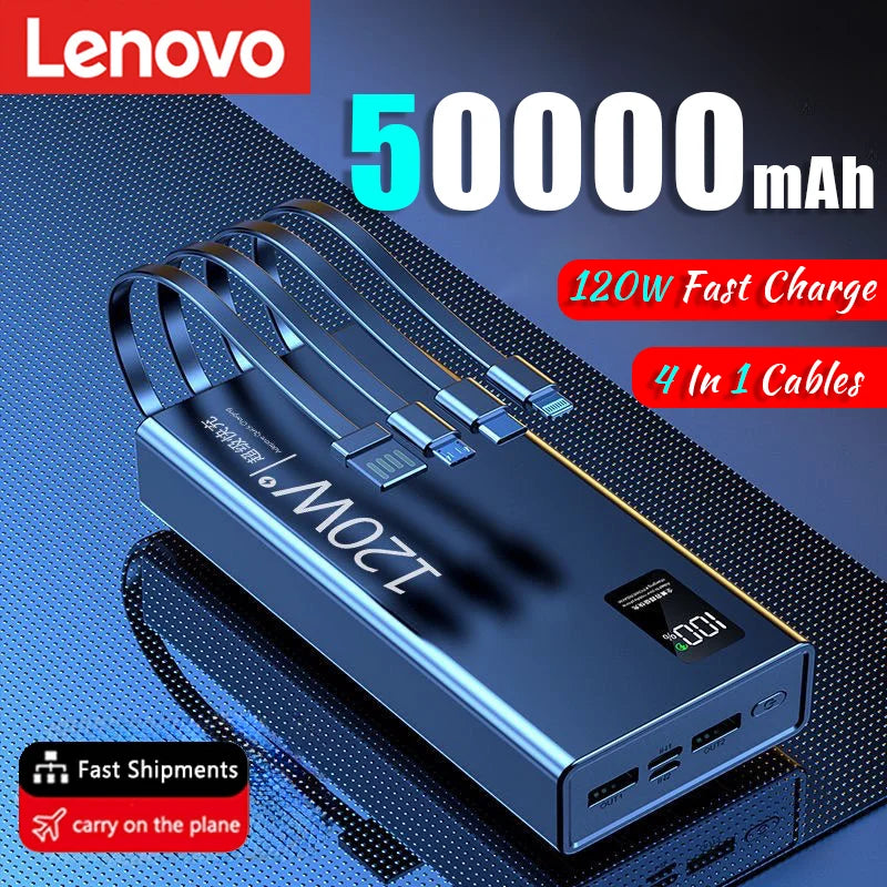 LENOVO 50000mAh High Capacity Power Bank 4 in 1 120W Fast Charging Power Bank Portable Battery Charger For iPhone Samsung Huawei