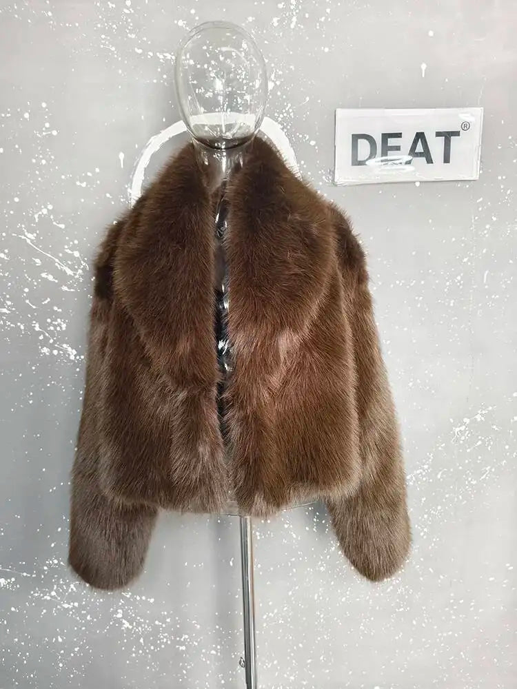 Black/Brown Color Fashion Faux Fur Coat Women's Lapel Loose Long Sleeve Thick Plush Warm Short Jackets Winter New 7A914