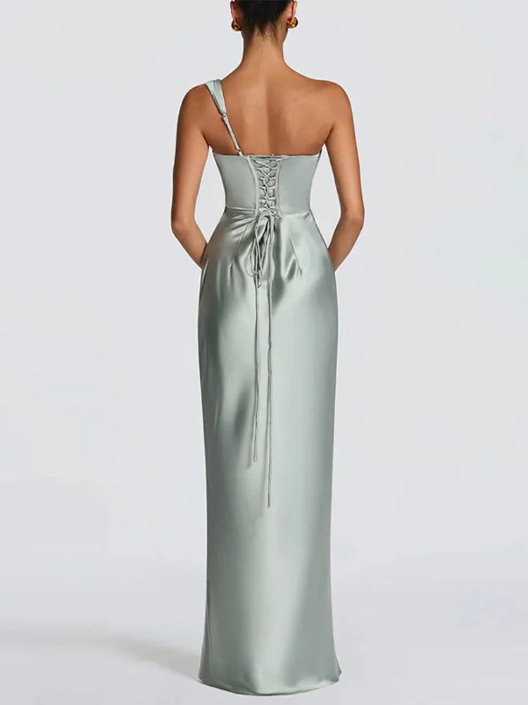 S-XL 3 Colors One Shoulder Satin Women 's Maxi Dress Cowl Neck Ruched Waist Bodycon Dresses Summer Woman Formal Evening Party Wedding Guest Outfit