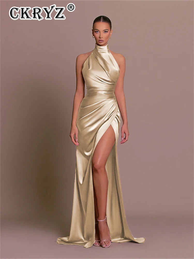 8 Colors Ladies Summer Luxury Satin Sexy Evening Wedding Guest Birthday Party Business Dinner Dresses Women Sleeveless Backless Halter Side Slit Elegant Long Dress Women Sexy Outfits Clothes