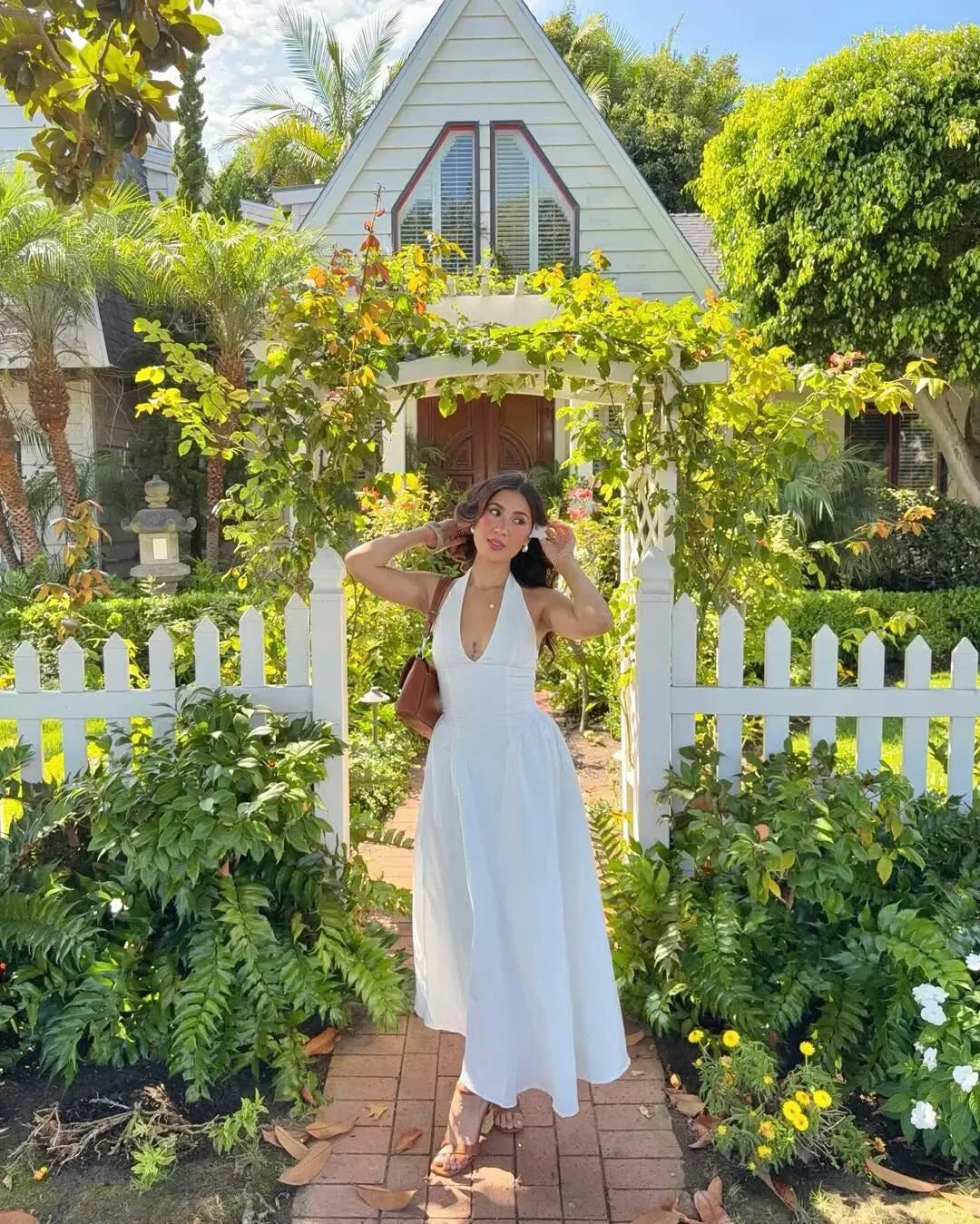 7 Colors  Sexy Backless Elegant Halter Dress For Women Low Waist A-line Midi Summer Evening Party Dresses Cotton Gowns