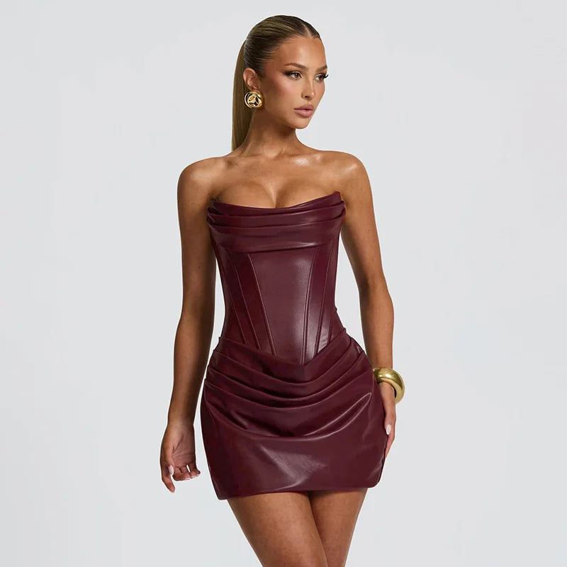 UK Size Burgundy/Black Color PU Leather Off-shoulder Strapless Sexy Mini Dress Women Gown Elegant Backless Sleeveless Ruched Club Party Luxury Dresses