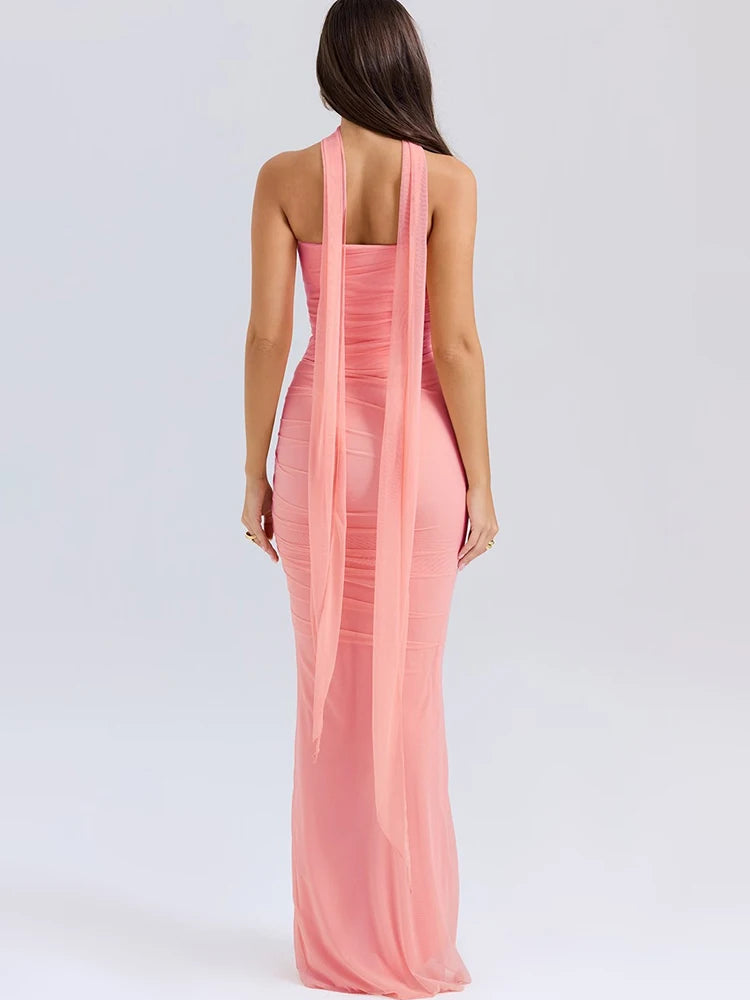 NEW Arrivals 2PCS Set UK Size Pink/Sky Blue Color Sexy Strapless Scarf Mesh Women Skirt Suit Off Shoulder Top Long Skirt Spring Autumn Skinny Elegant Evening Party Sexy Maxi Dress