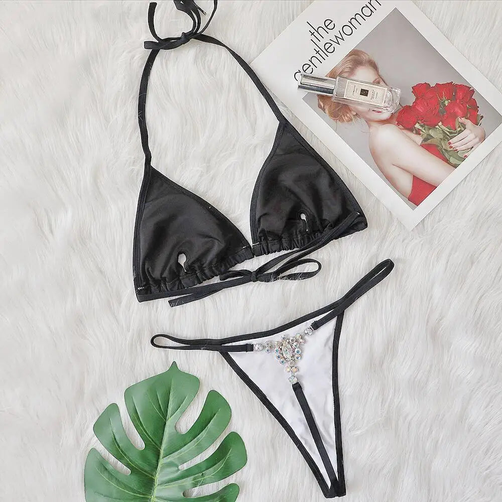 NEW Super Sexy Crystal Diamond Bikini Set Brazilian Thong Solid Triangle Swimwear Fashion Beach Party Wear Women Sexy Swimwear Girls Beachwear