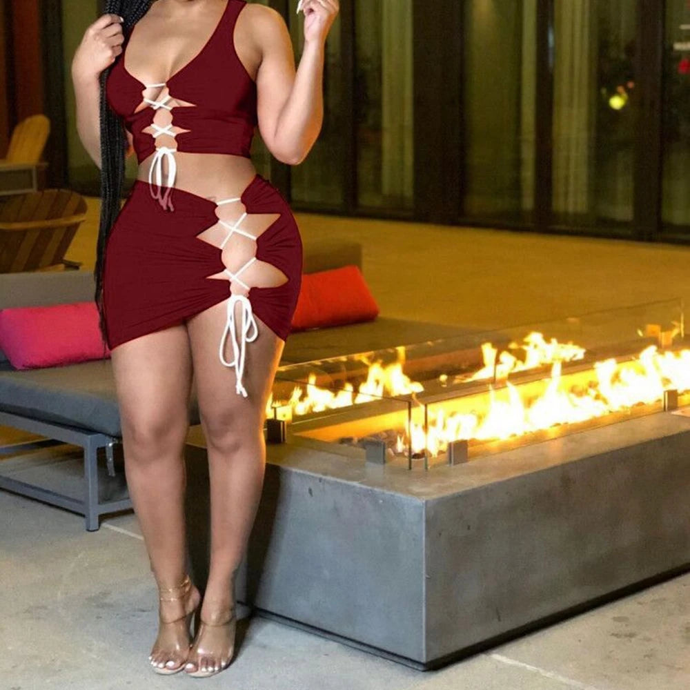 2 PCS Set Black and Orange Color Summer Women Sexy Lace Up Hollow Out Crop Tank Top And Bodycon Mini Skirt Asymmetrical Tracksuit New Fashion Streetwear Evening Party Night Clubwear Outfits