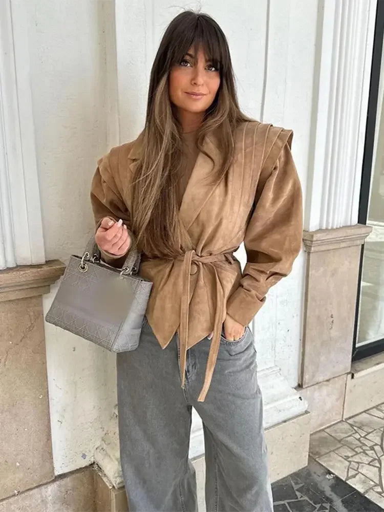 NEW Arrivals UK Size 3 Colors Women High Street Leather Jacket Versatile Brown Long Sleeves V-Neck Lace-Up Jacket Coats Winter Causal Chic Female Outwear