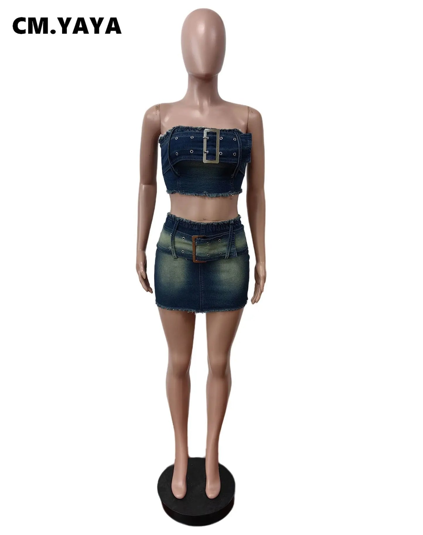 Fashion Denim Women's Set Strapless Crop Top and Mini Bodycon Midi Skirt Streetwear Chic Two 2 Piece Set Outfits