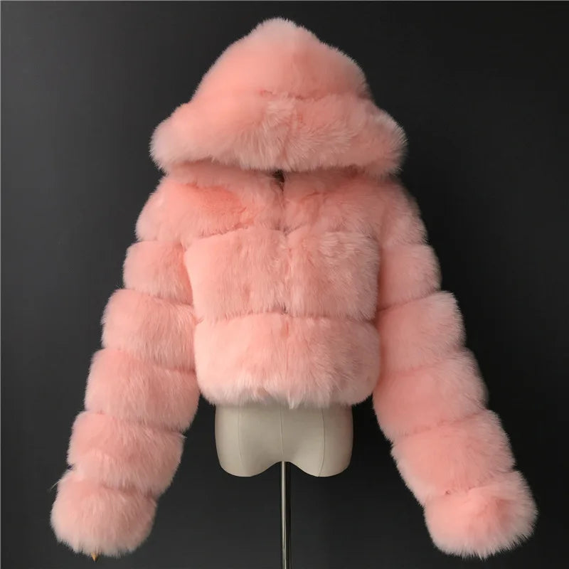 NEW Arrivals S-3XL Coffee/Dark Gray/Black Fashion Women Environmental Red Faux Fox Fur Coat with Hood Thick Warm Full Pelt Fake Fur Jacket Short Winter Woman Fur Coat Ladies Girls Luxury Fashion Clothing Supplies