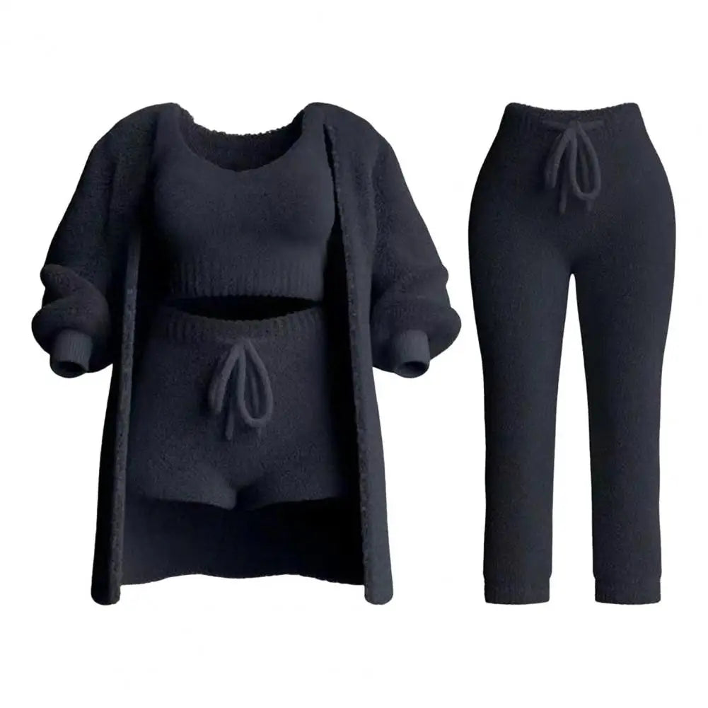 NEW Arrivals 4PCS Set 5 Colors S-2XL Women Cozy Outfits O-Neck Cropped Tank Tops Long Sleeve Fleece Warm Hooded Comfortable Loungewear Girls Sleepwear Ladies Home Wear
