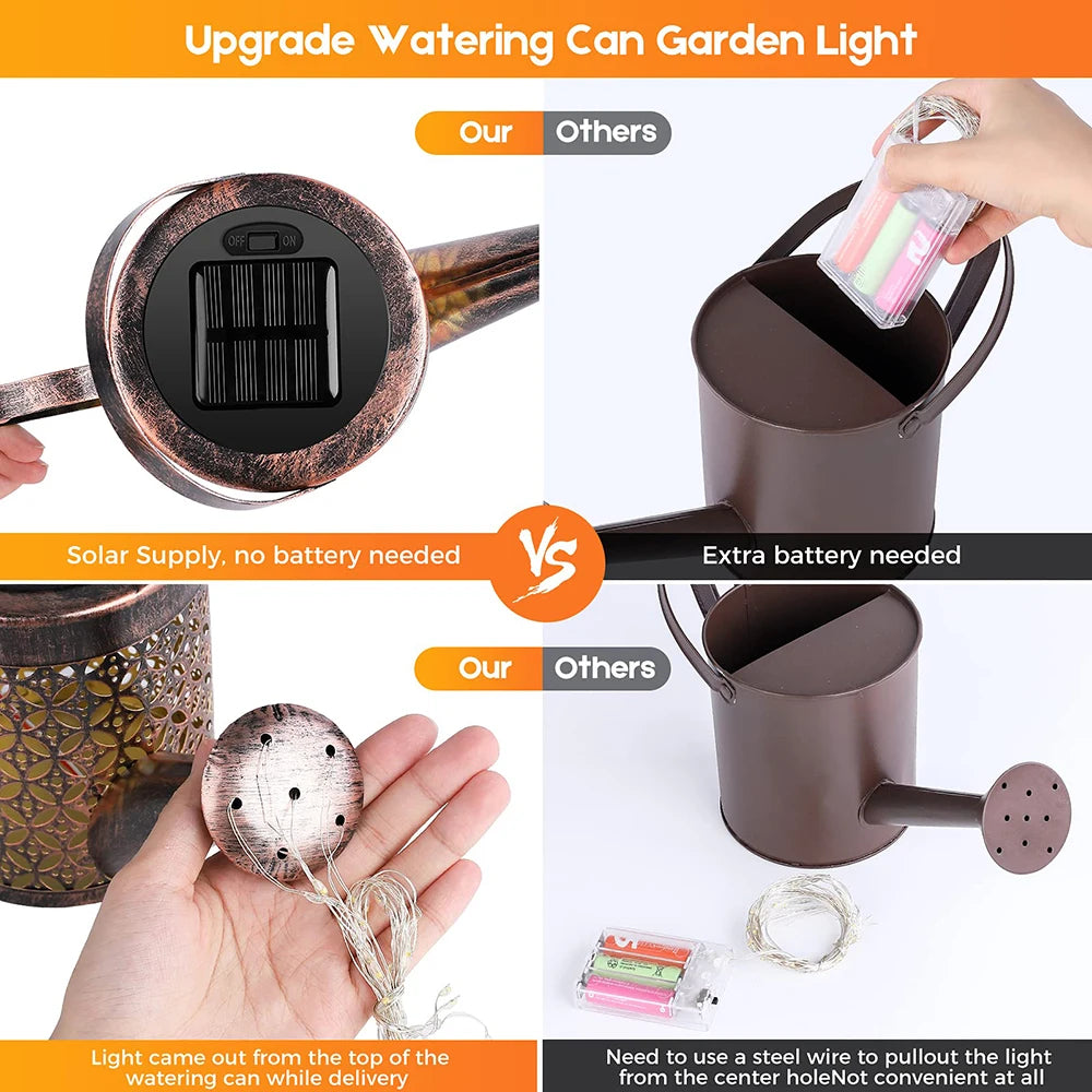 Solar Watering Can with Pole Light Hanging Kettle Lantern Light Waterproof Garden Decor Metal Retro Lamp for Outdoor Table Patio Lawn Yard