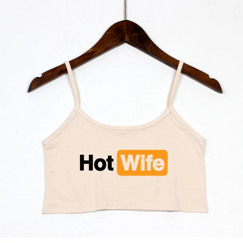NEW Arrivals 4 Colors *HOT WIFE* Sexy Crop Top Summer Beach Bar Women's Sexy Elastic Cotton Sleeveless Short Tank Top Bar Women Summer Streetwear Outdoor Running Cycling Fitness Sports Tops