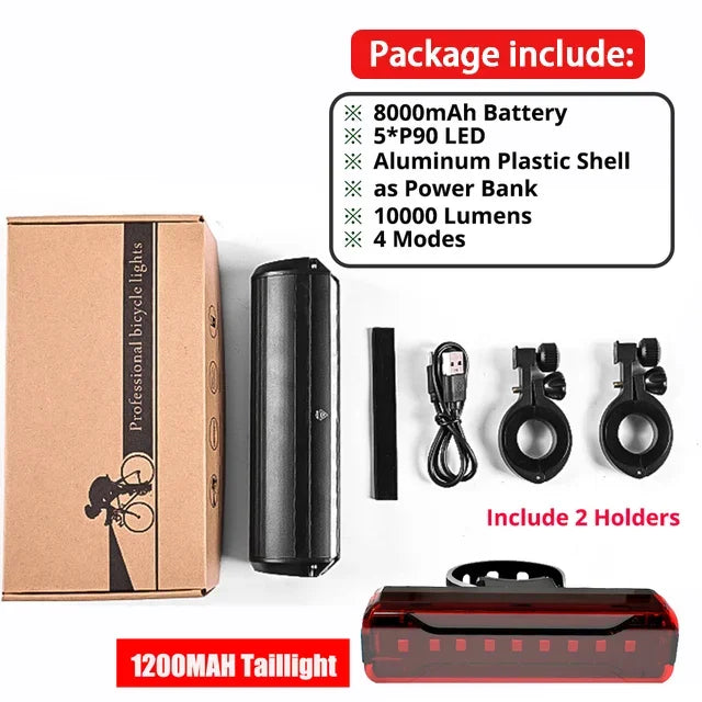 Full Set 8000mAh + Power Bank 10000LM Bicycle Light 500M Lighting Distance Front Bike Light Waterproof 8000mah 5*P90 Flashlight USB Charging MTB Road Cycling Lamp Accessories Sports Supplies