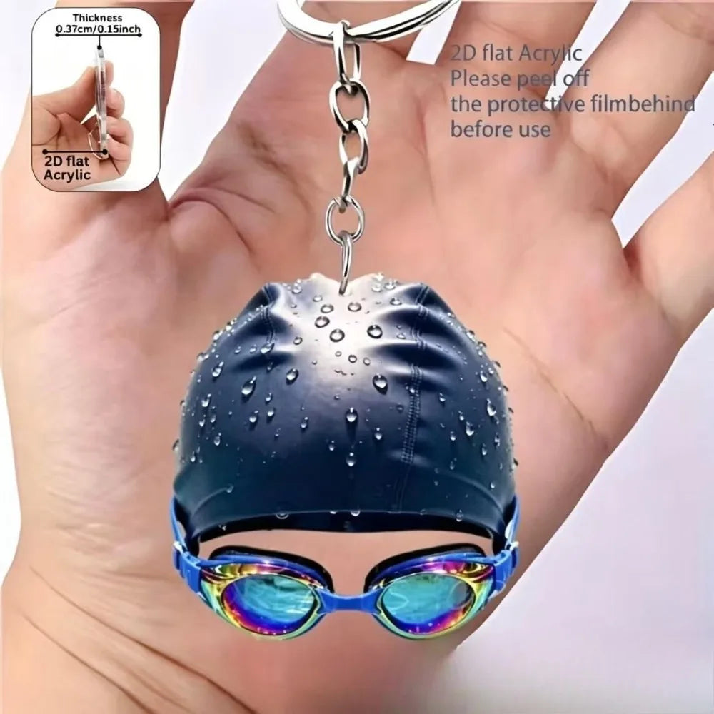 10 Colors High Aesthetic Simulation Swimming Goggles Swim Cap Design Keychain Acrylic 2D Flat Pendant Backpack Creative Gift for Women Man Sports Gifts