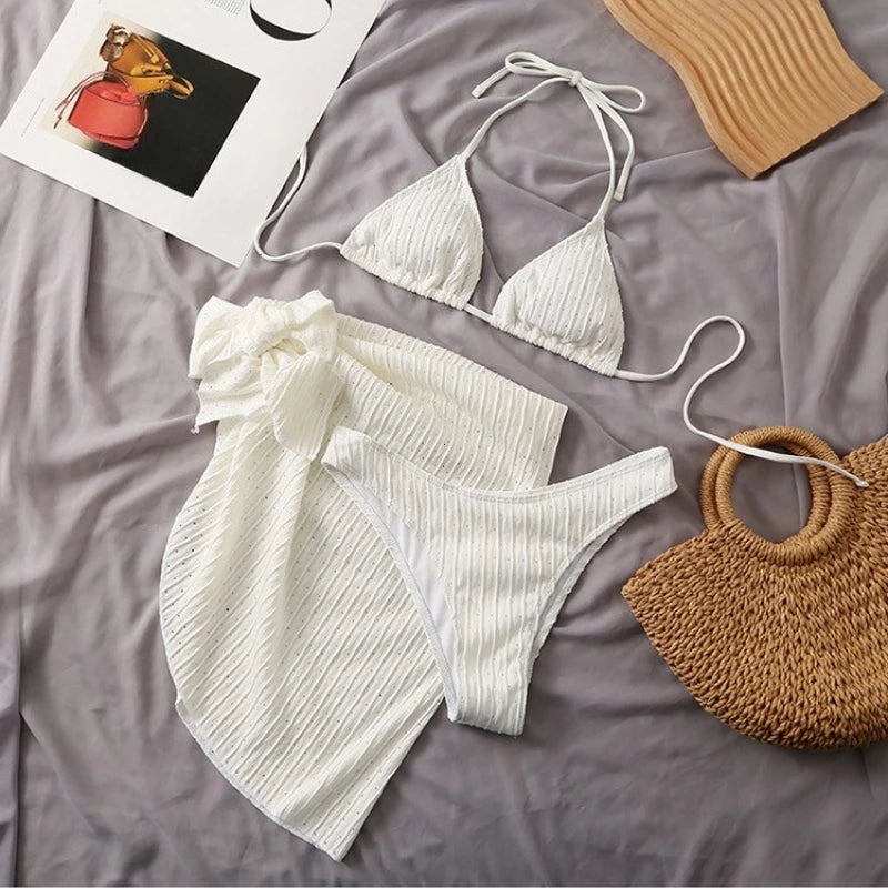 HOT SALE 3 PCS Set Summer White Halter Bikini  Women Sexy See Through Swimsuit Sexy Thong Swimwear With Sarong Skirt White Beachwear Suit