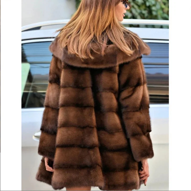 NEW Arrivals UK S-3XL Size Women Faux Fox Fur Mid Length Coats Thick Warm Open Stitch Coat Hooded Full Sleeve Casual Elegant Splice Autumn Winter Warm Outerwear