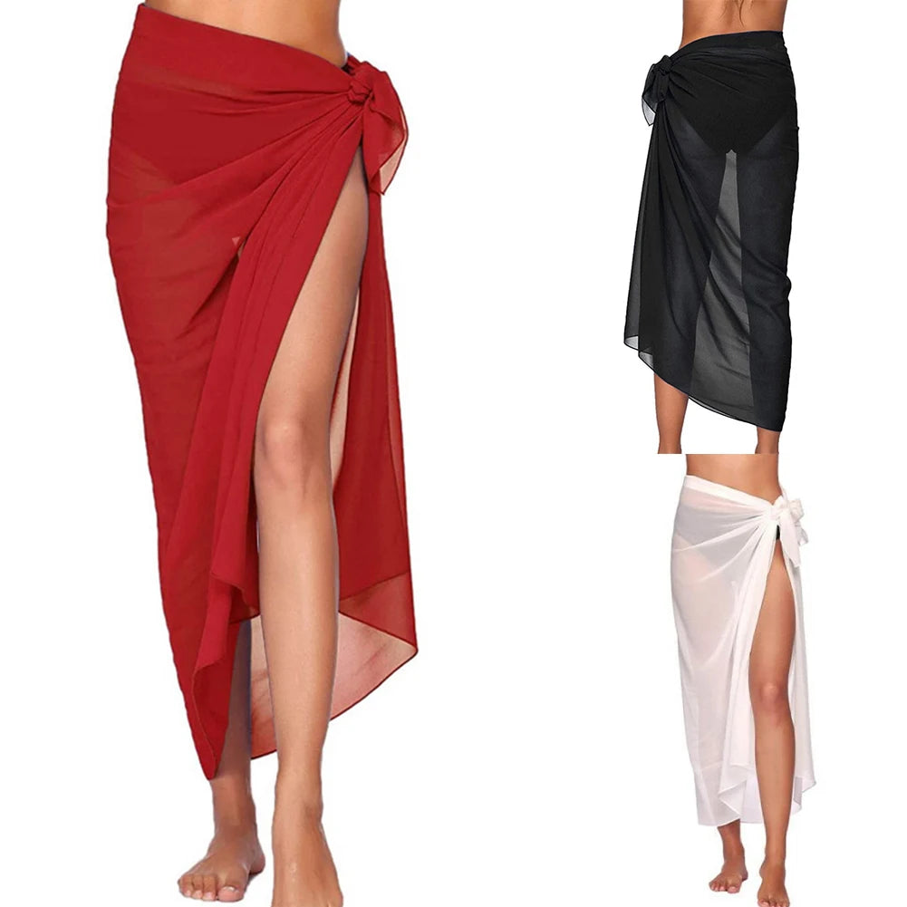 White/Black/Red Color Long Sarong Beach Wrap Skirt for Women Solid Color Cover Up Towel Bikini Scarf Lightweight Beachwear Summer Essential Women Swimsuit See Through Cover Ups