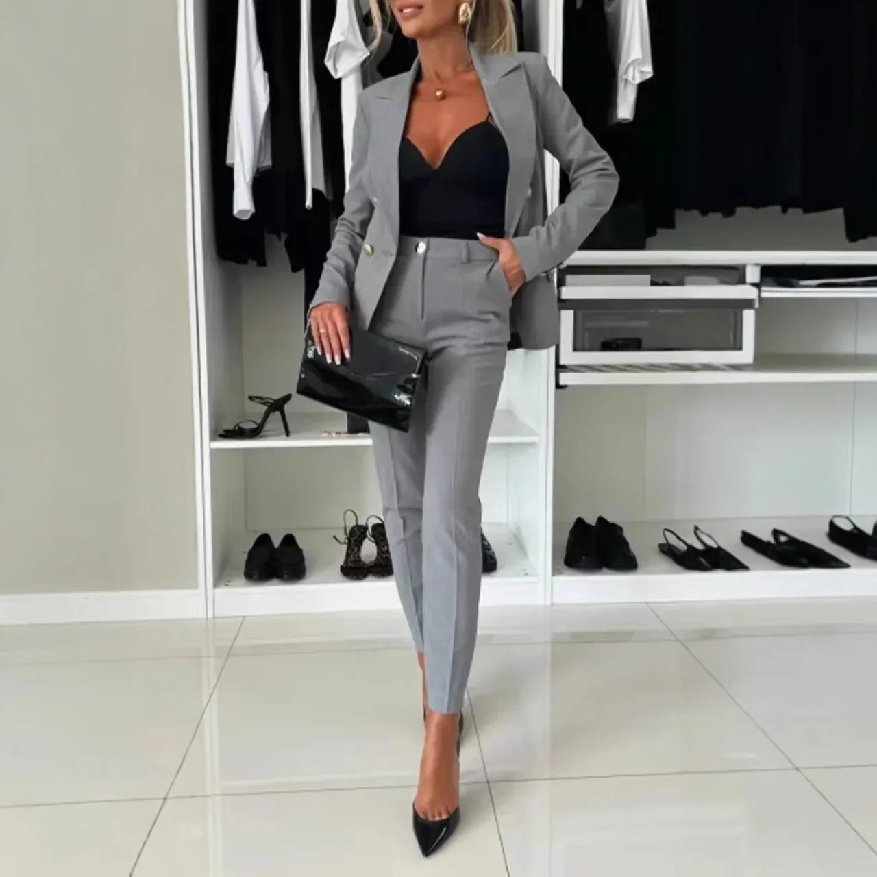 NEW Arrivals 2PCS Set UK S-2XL Size 8 Colors Women Office Smart Clothes Suit Blazer Double Breasted Button Solid Color Jacket & High Waist Slim Pencil Pants Ladies Luxury Fashion Clothing Supplies