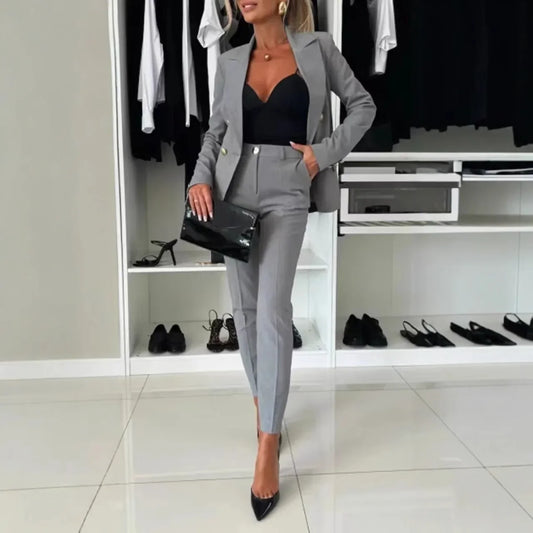 NEW Arrivals 2PCS Set UK S-2XL Size 8 Colors Women Office Smart Clothes Suit Blazer Double Breasted Button Solid Color Jacket & High Waist Slim Pencil Pants Ladies Luxury Fashion Clothing Supplies