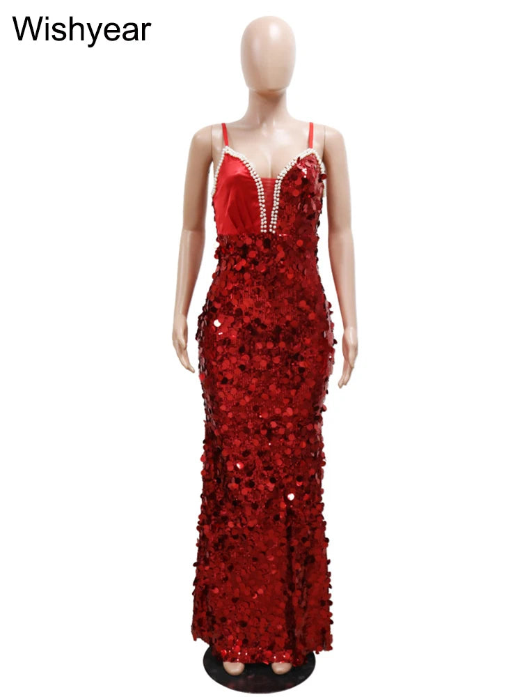 Low-Price Sales are Limited Red/Silvery S-2XL New Luxury Celebrity Sleeveless Spaghetti Straps Sequin Patchwork Mermaid Dress Women Wedding Birthday Evening Party Sexy Gown Ladies Luxury Fashion Apparel Supplies