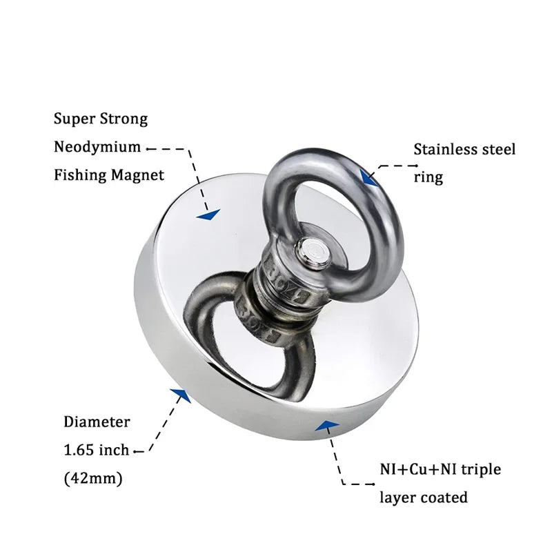 Super Strong Neodymium Fishing Magnets Heavy Duty Rare Earth Magnet with Countersunk Hole Eyebolt for Salvage Magnetic River Lakes Sea Boat Fishing Accessories.