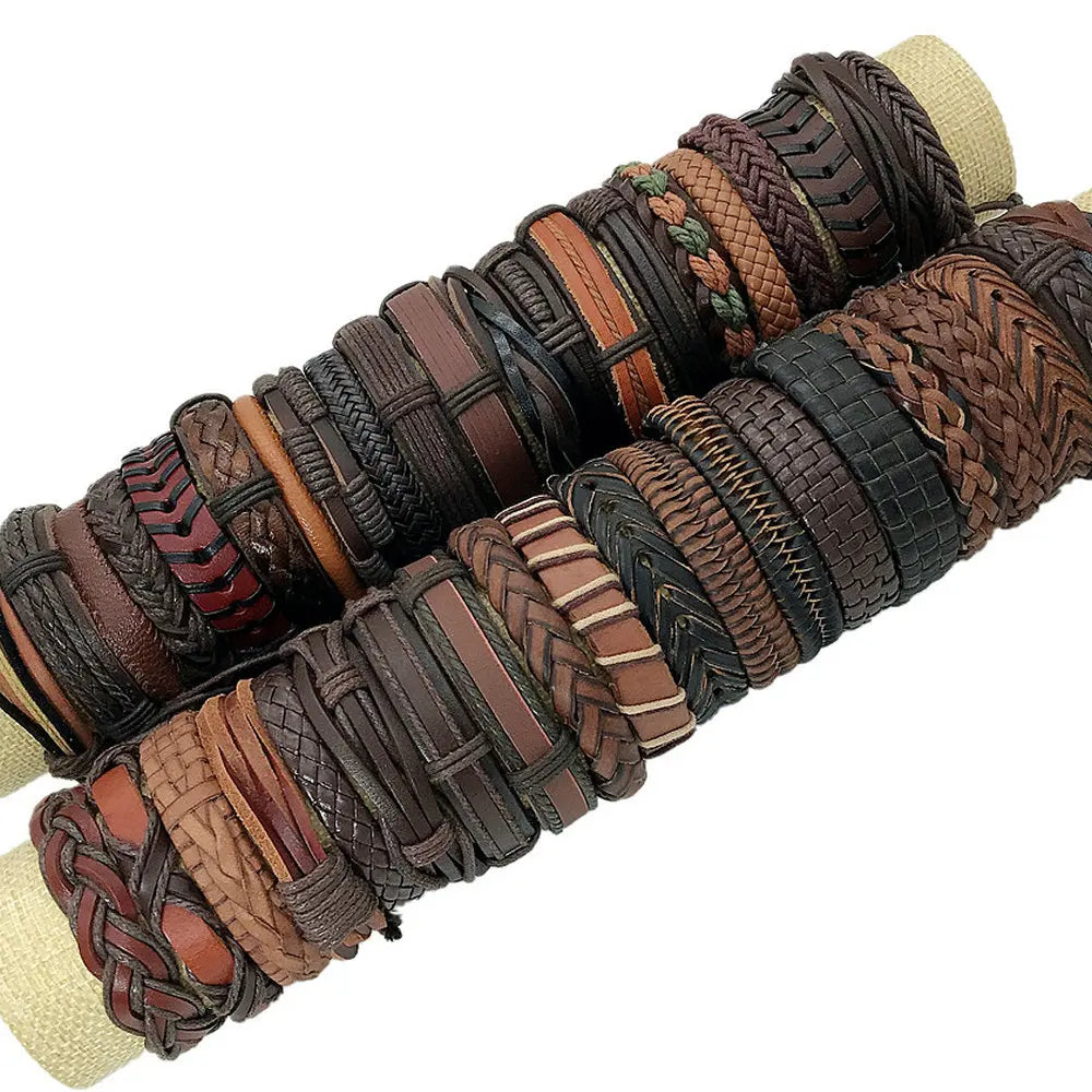 50 Pcs/lot Punk Vintage Cuff Wide Leather Men Bracelets For Women Bangles Handmade Retro Weave Mix Party Jewelry Gift