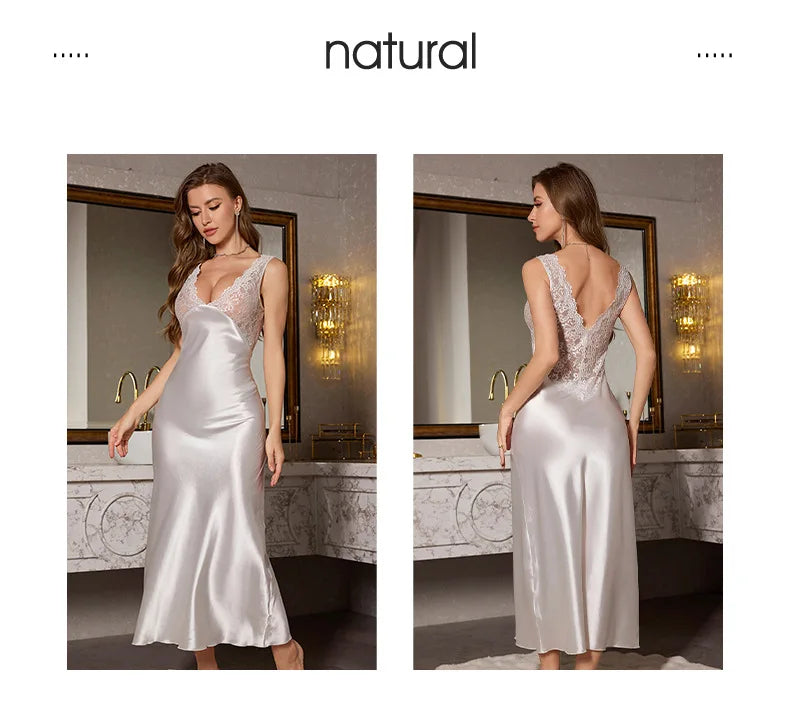 NEW S-XL 3 Colors Super Fashionable Satin Nightwear Dresses for Ladies Sexy Long Style Lace Edge Strap Slimming Elegant Long Sleeping Dress