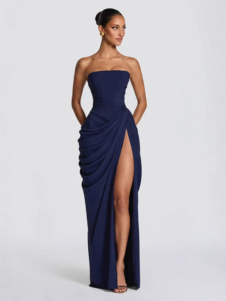 7 Colors Elegant Strapless Women's Dresses Sleeveless Waist Cinching Pleated Split Party Dress Spring Summer Evening Party Trendy Female Fashion