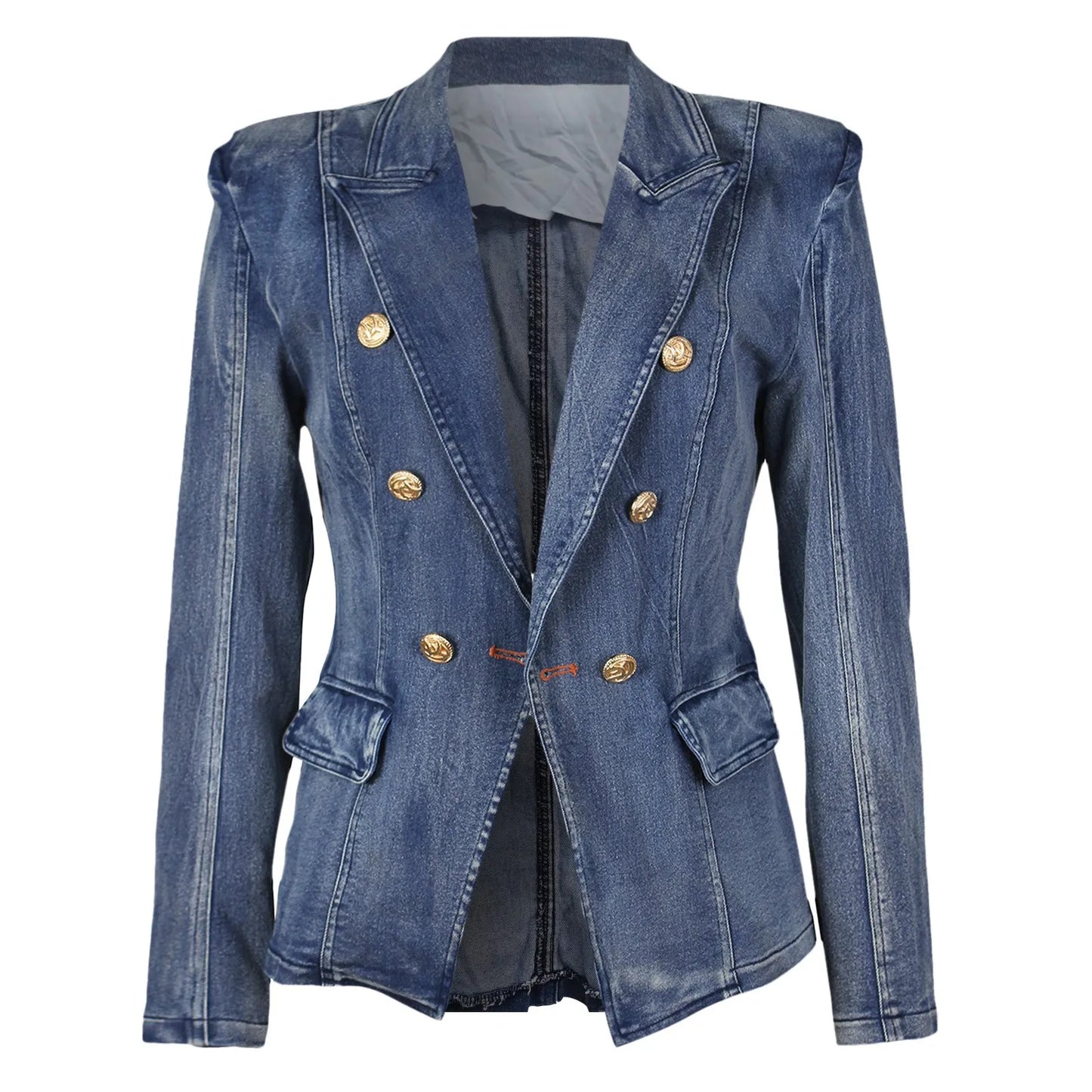 Fashion Demin Jacket Women Double Breasted Notch Lapels Slim Blue Vintage Washed Blazer Jeans Jacket  Women's Denim Jackets